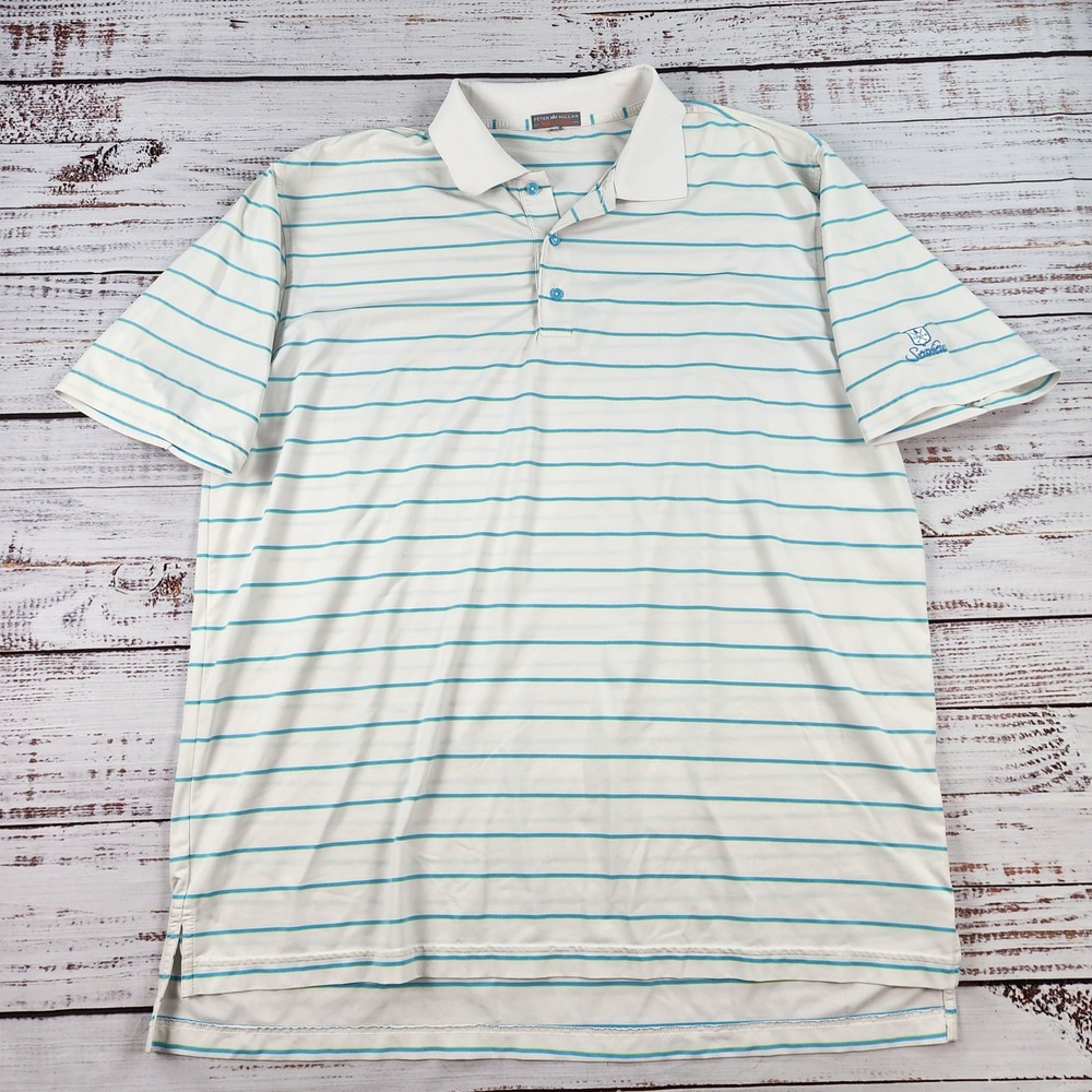 Peter Millar Summer Comfort Golf Polo Shirt Mens L Blue White Striped Seaview